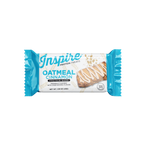 A blue and white packaged protein bar labeled "Inspire Oatmeal Cinnamon Protein Bars" features a bar with a drizzle of icing, highlighting its 12 grams of protein and natural flavors.