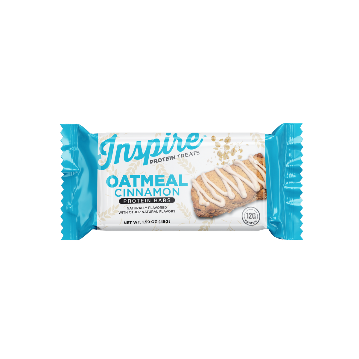 A blue and white packaged protein bar labeled "Inspire Oatmeal Cinnamon Protein Bars" features a bar with a drizzle of icing, highlighting its 12 grams of protein and natural flavors.