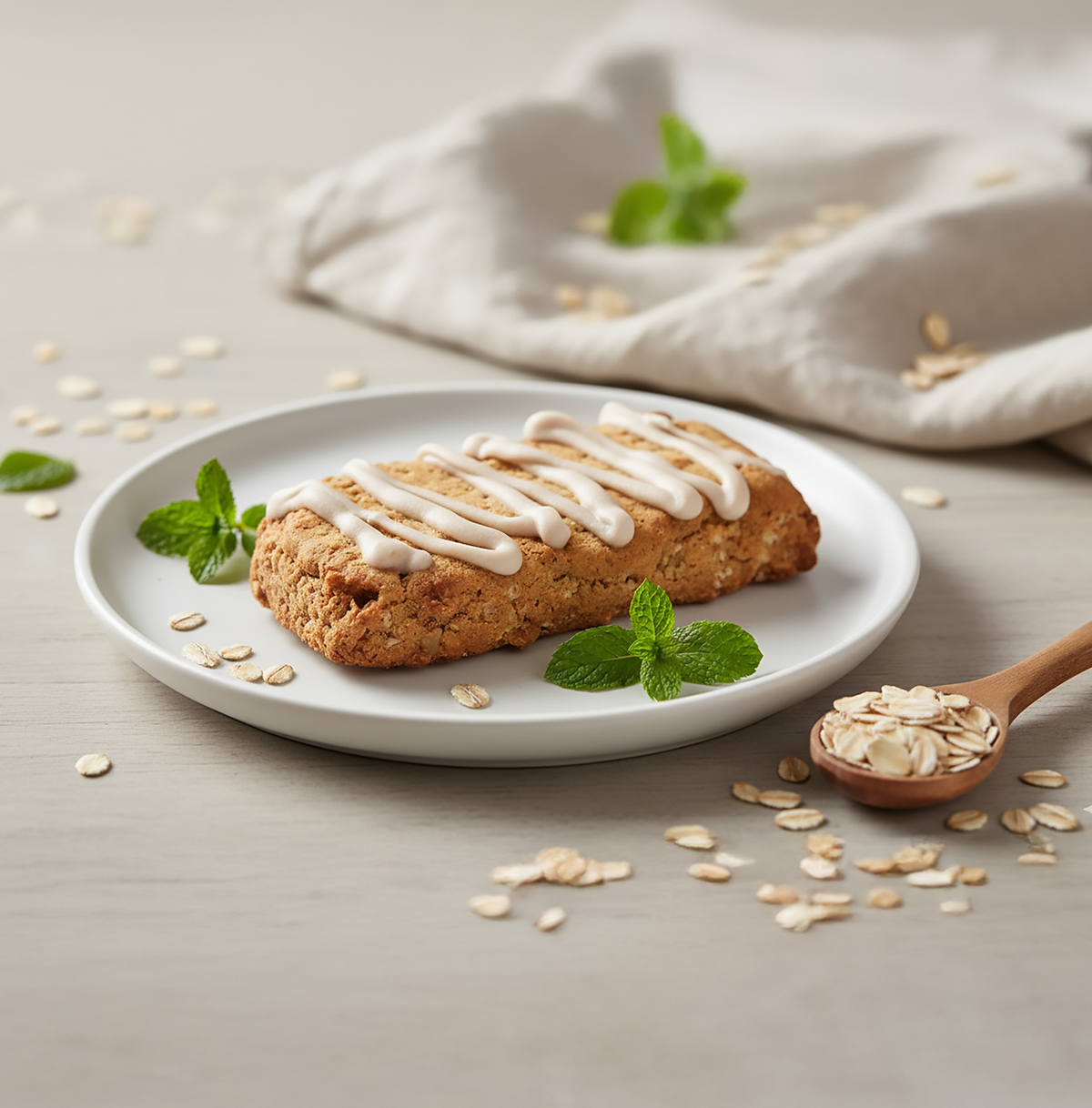 Oatmeal cookie bar with a light icing drizzle, garnished with fresh mint leaves, served on a white plate with scattered oats in the background.