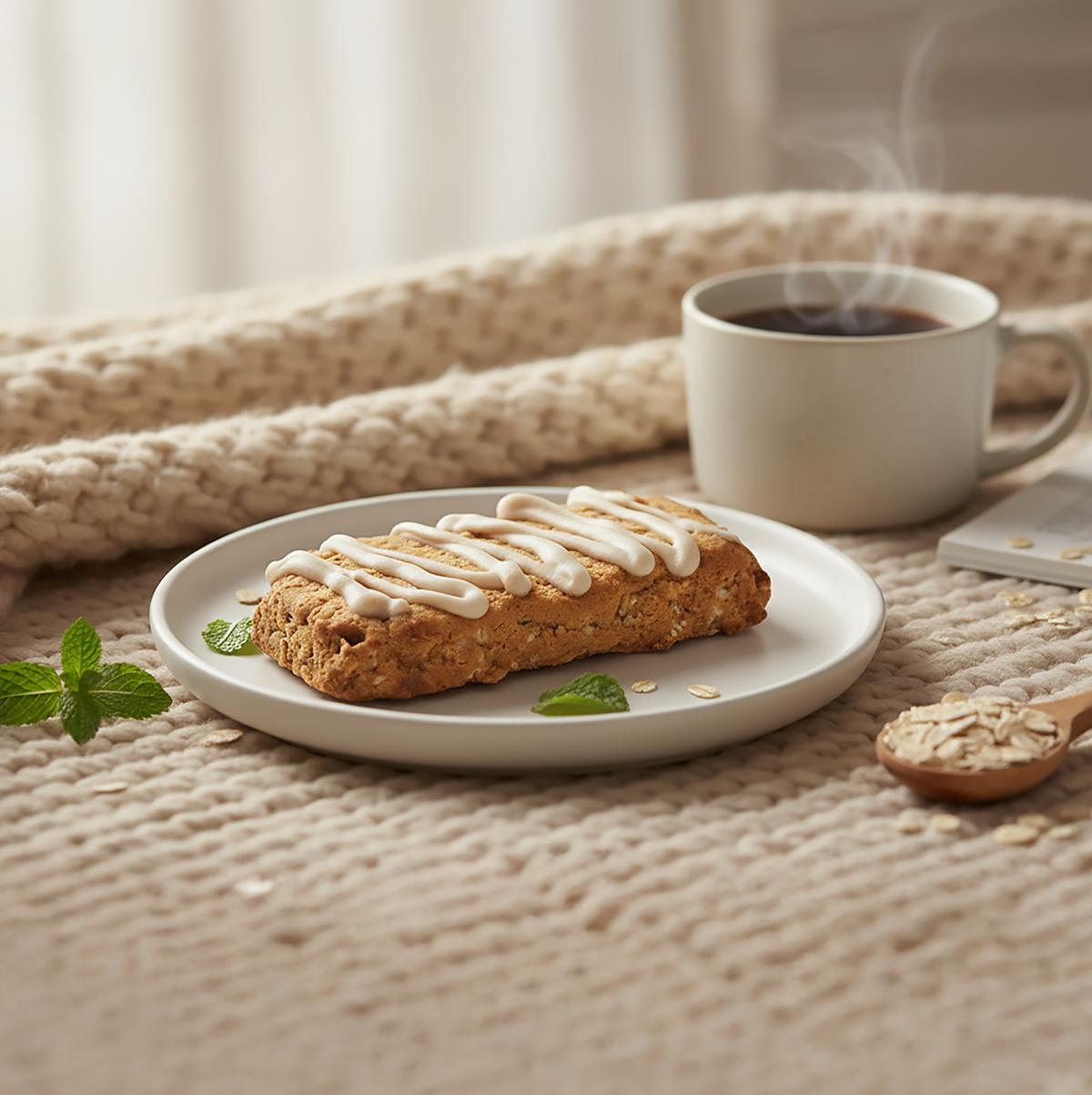 Oatmeal cookie bar drizzled with white icing, served on a white plate with mint leaves, accompanied by a steaming cup of coffee on a textured beige blanket.