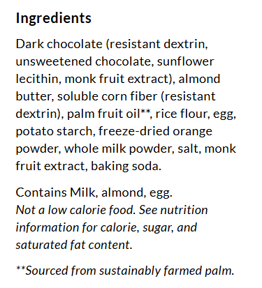 Ingredients for ChocZero Jolies Dark Chocolate Orange Cookies, 8 oz