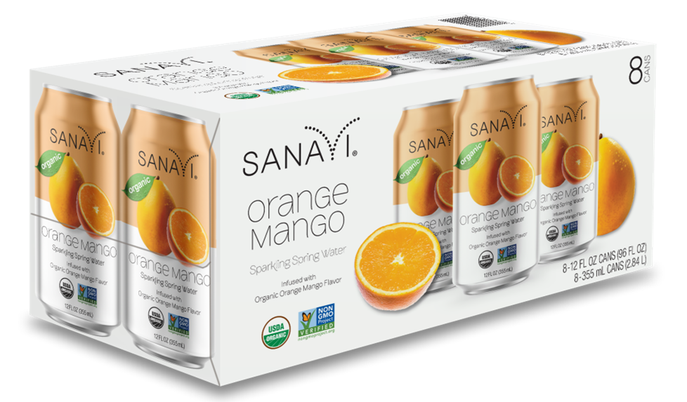 Sanavi Sparkling Spring Water, 8 cans - Orange Mango