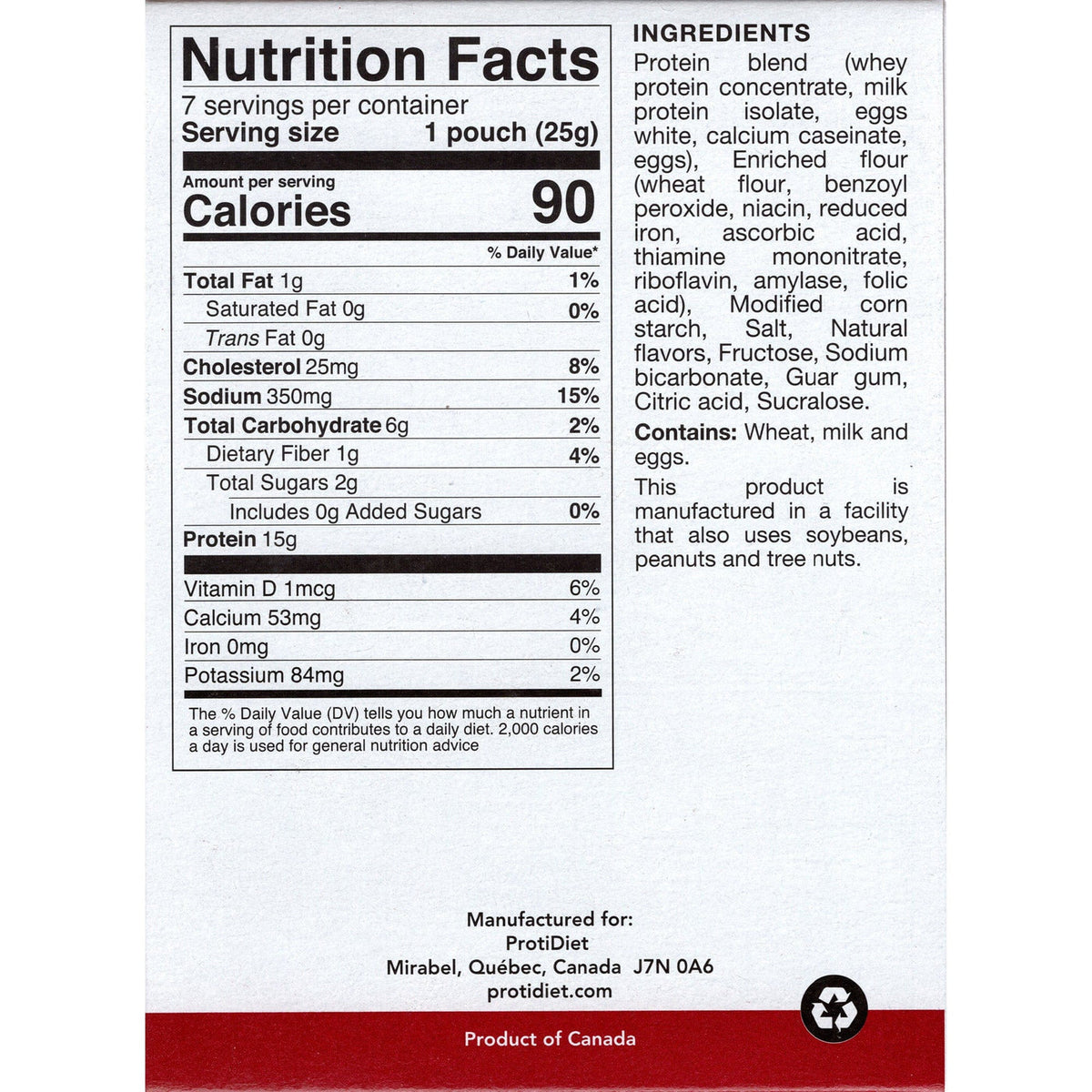 Nutrition facts label for Proti Diet Protein Pancake Mix, Natural, 7 Pouches