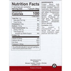 A nutrition facts label displays information about a protein product, including serving size, calories, ingredients, and nutritional values like fat, carbohydrates, and protein content.