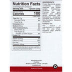 Nutrition facts label for a protein product, detailing serving size, calories, and nutrient content, including ingredients and allergen information, set against a white background.