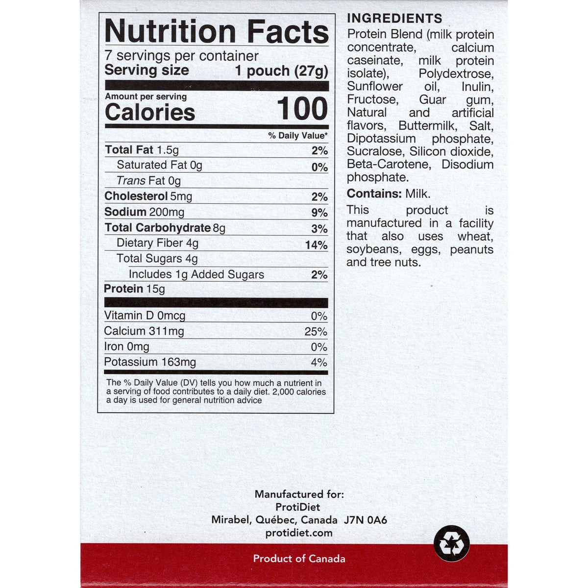 Nutrition facts label for a protein product, detailing serving size, calories, and nutrient content, including ingredients and allergen information, set against a white background.