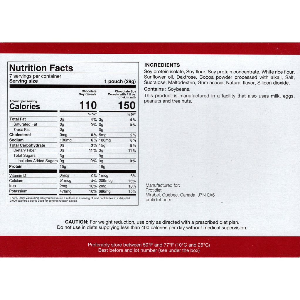Back of Proti Diet Protein Cereal, Chocolate, 7 Pouches packaging