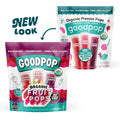 Two packages of Goodpop organic freezer pops are displayed side by side, with the left package featuring a "NEW LOOK" label, highlighting flavors like Cherry Limeade and Concord Grape, emphasizing no added sugar.
