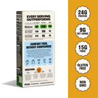 A box of Kaizen chickpea mac and cheese displays nutritional information highlighting 24g of protein, 9g of net carbs, and 15g of fiber, with instructions for preparation and dietary claims like gluten-free and non-GMO.