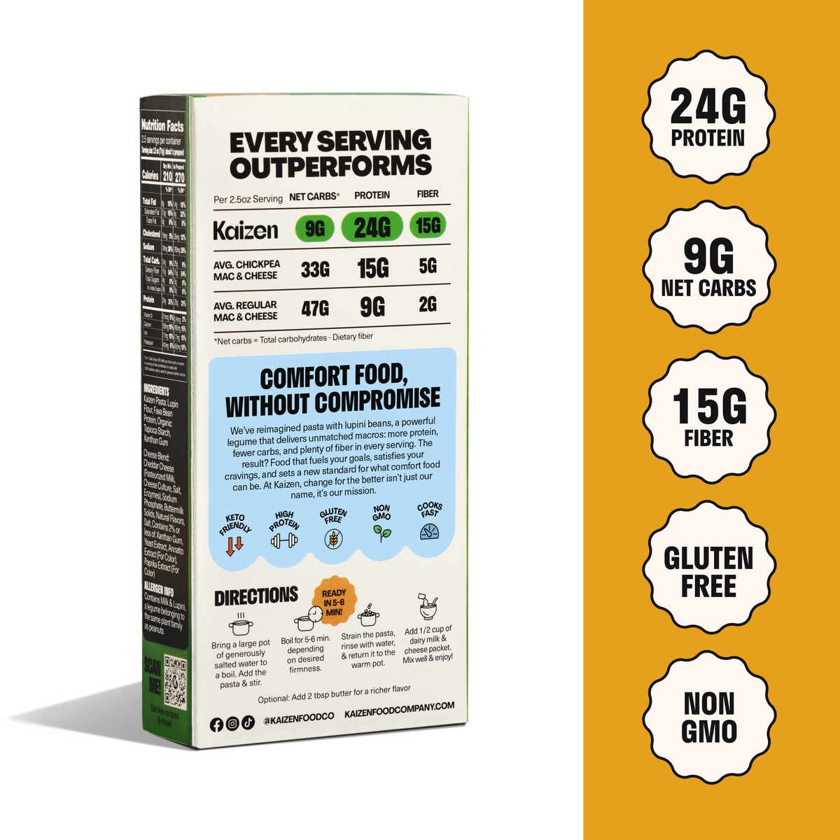 A box of Kaizen chickpea mac and cheese displays nutritional information highlighting 24g of protein, 9g of net carbs, and 15g of fiber, with instructions for preparation and dietary claims like gluten-free and non-GMO.