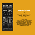 A nutrition facts label for "Classic Cheddar" pasta, detailing ingredients like lupin flour and cheddar cheese powder, with information on calories, fat, protein, and other nutrients, set against a yellow background.