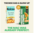 Two boxes of Kaizen Mac & Cheese are displayed side by side, showcasing a new design on the right with highlights on protein content, while the left features the original packaging.