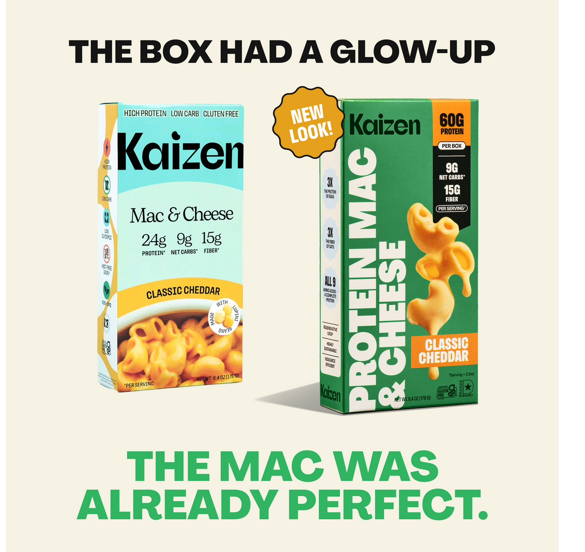 Two boxes of Kaizen Mac & Cheese are displayed side by side, showcasing a new design on the right with highlights on protein content, while the left features the original packaging.