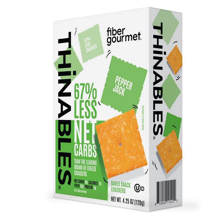 Front package of Fiber Gourmet Thinables Baked Snack Crackers, 4.25 oz, Pepper Jack