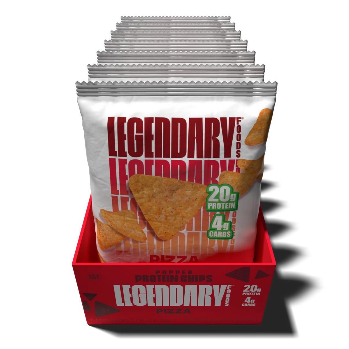Front package of Legendary Foods Popped Protein Chips, Pizza / 7-Pack