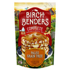 A colorful package of Birch Benders Complete Pancake and Waffle Mix features a stack of pancakes topped with syrup and berries, highlighting its gluten-free and paleo-friendly attributes.
