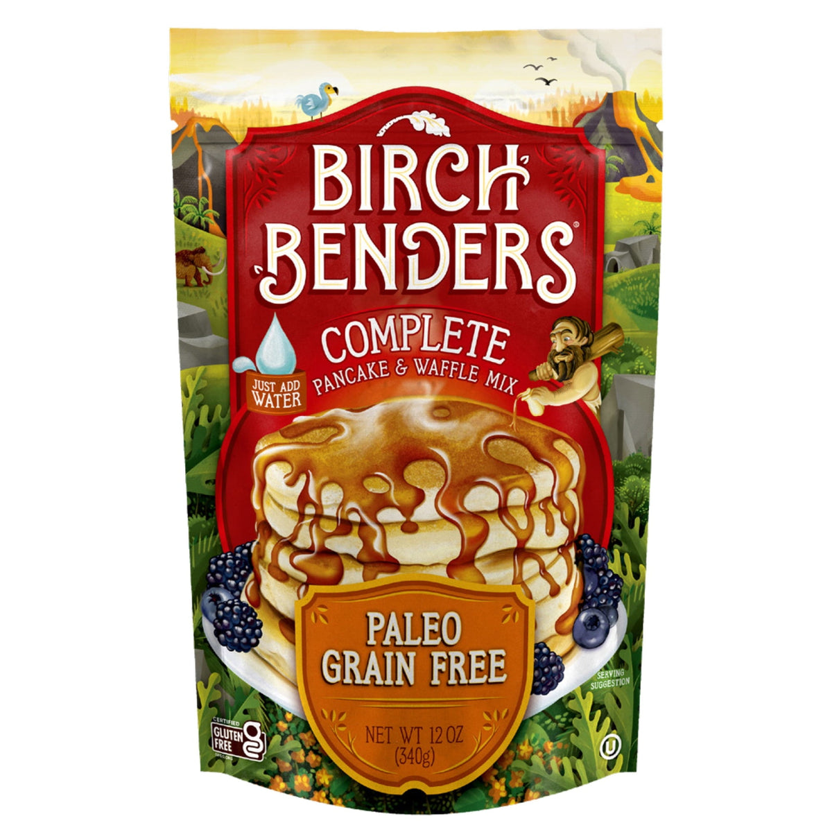 A colorful package of Birch Benders Complete Pancake and Waffle Mix features a stack of pancakes topped with syrup and berries, highlighting its gluten-free and paleo-friendly attributes.