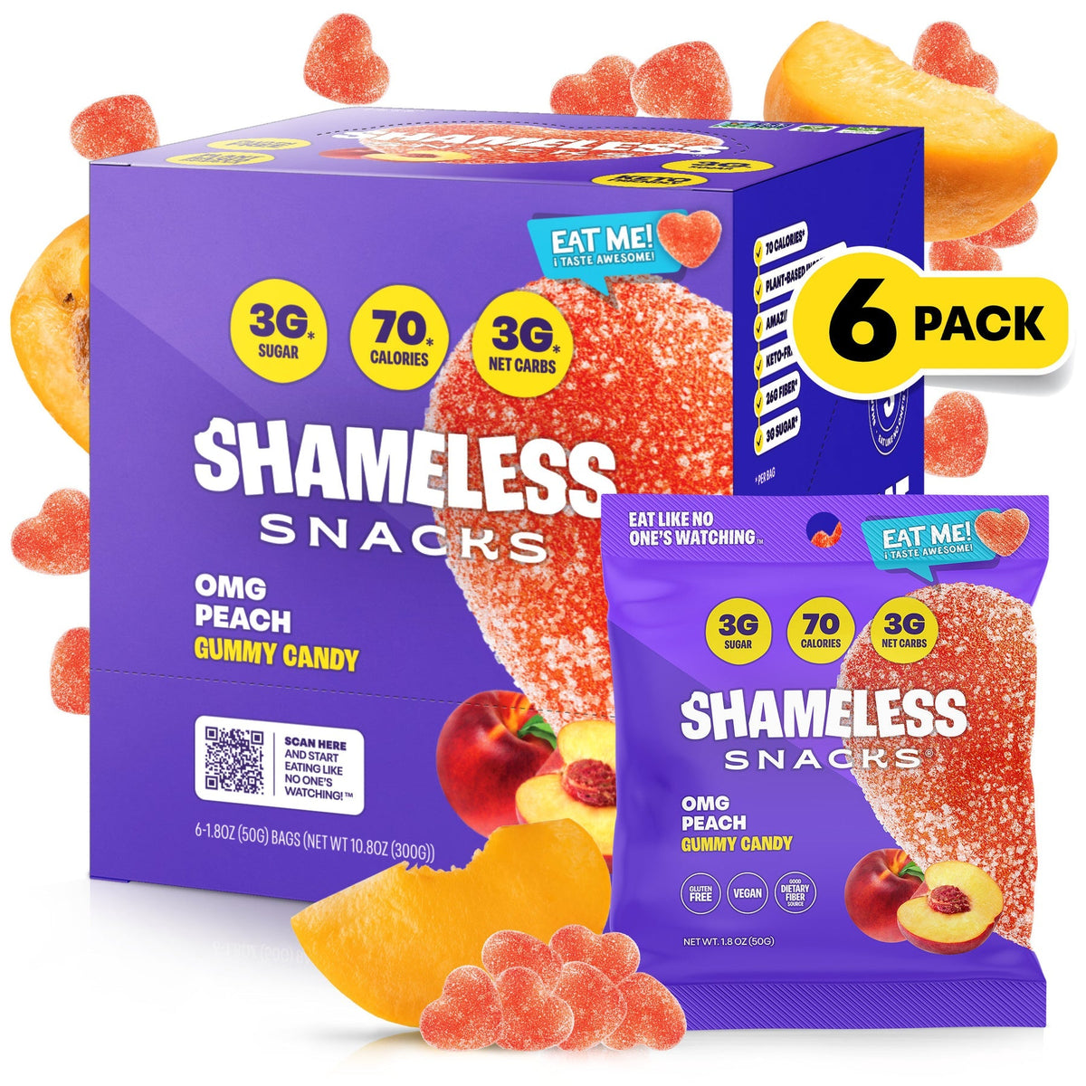 Shameless Snacks Gummy Candy - OMG Peach - 6-Pack