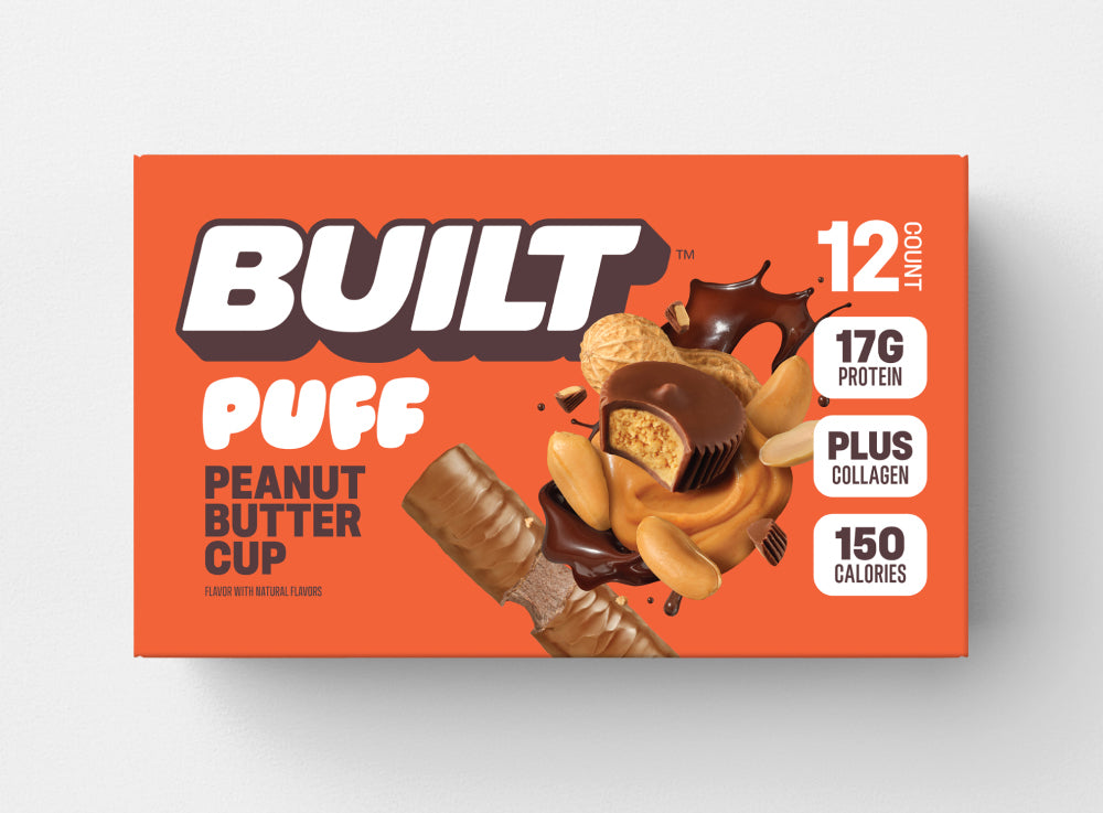 Front package of Built Bar Protein Puffs, Peanut Butter Cup / 12 Bars