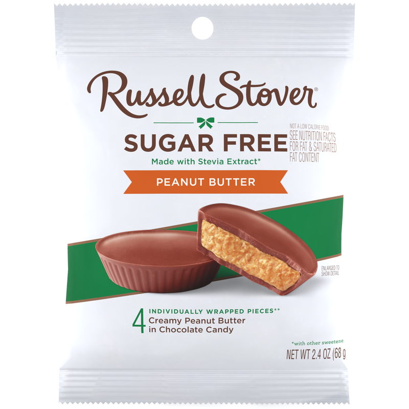 Front package of Russell Stover Sugar Free Peg Bag Candy, Peanut Butter Cups (2.4 oz) (CLEARANCE: Best by October 1, 2026) / One Bag