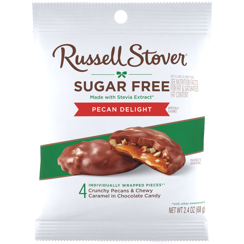 Front package of Russell Stover Sugar Free Peg Bag Candy, Pecan Delight (2.4 oz) (CLEARANCE: Best by September 1, 2026) / One Bag