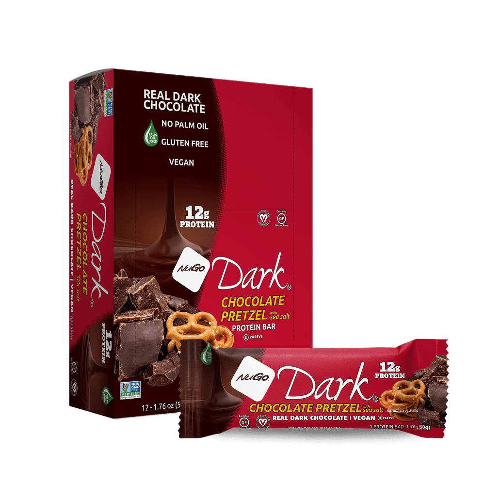 Front package of NuGo Dark Bars, 12 Bars, Chocolate Pretzel with Sea Salt