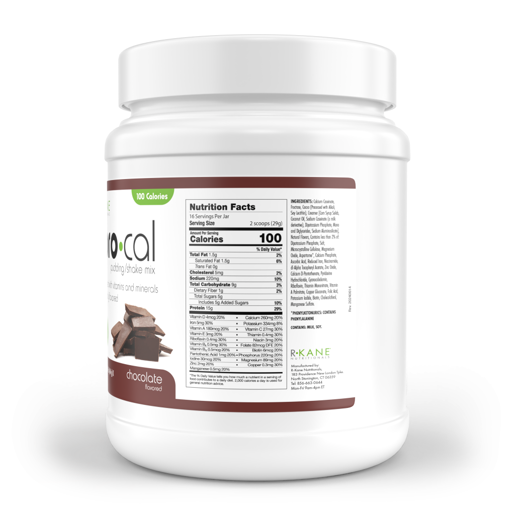 Nutrition facts label for R-Kane Nutritionals Pro-Cal High Protein Pudding/Shake Mix, Chocolate 16.4oz (464g)