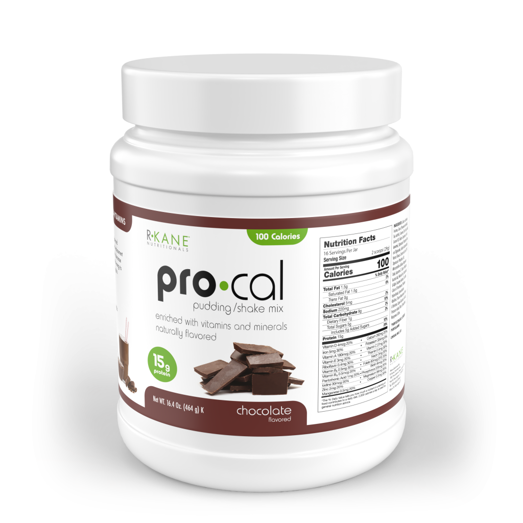Side view of R-Kane Nutritionals Pro-Cal High Protein Pudding/Shake Mix, Chocolate 16.4oz (464g) packaging