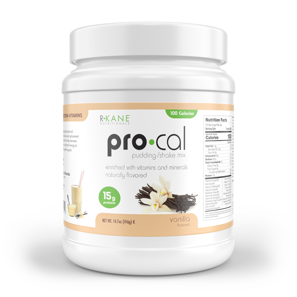 R-Kane Nutritionals Pro-Cal High Protein Pudding/Shake Mix, Vanilla 14.7oz (416g) bag