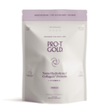 A resealable pouch of ProT Gold Nano Hydrolyzed Collagen Protein in vanilla flavor, highlighting 17 grams of protein and vitamin C, designed for daily use with no artificial flavors or dyes.