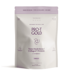 A resealable pouch of ProT Gold Nano Hydrolyzed Collagen Protein in vanilla flavor, highlighting 17 grams of protein and vitamin C, designed for daily use with no artificial flavors or dyes.