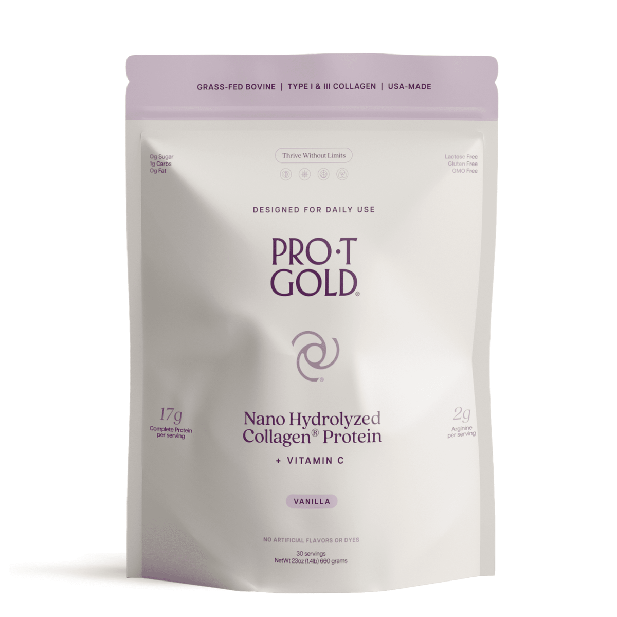 A resealable pouch of ProT Gold Nano Hydrolyzed Collagen Protein in vanilla flavor, highlighting 17 grams of protein and vitamin C, designed for daily use with no artificial flavors or dyes.