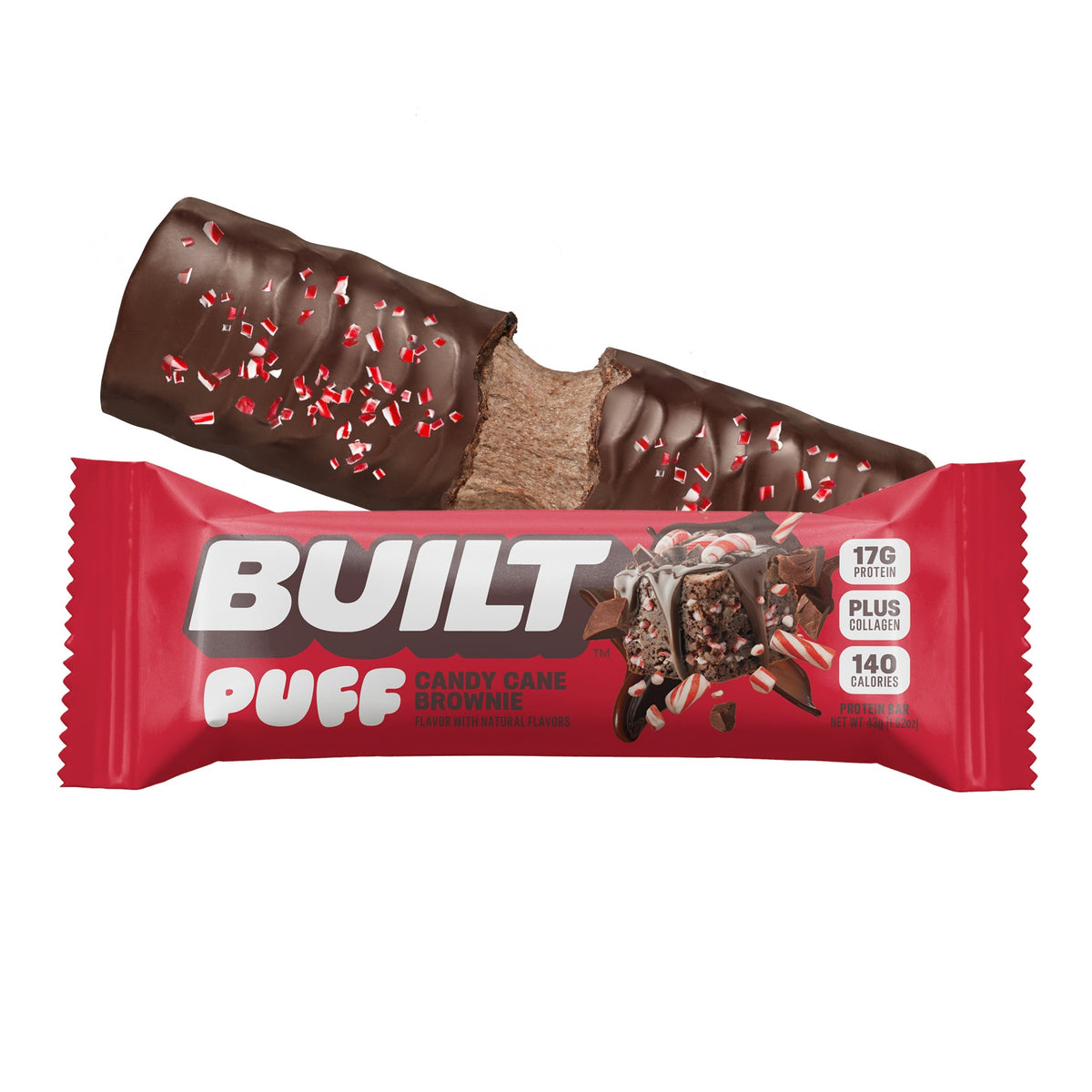 Front package of Built Bar Protein Puffs, Candy Cane Brownie (Seasonal) / One Bar