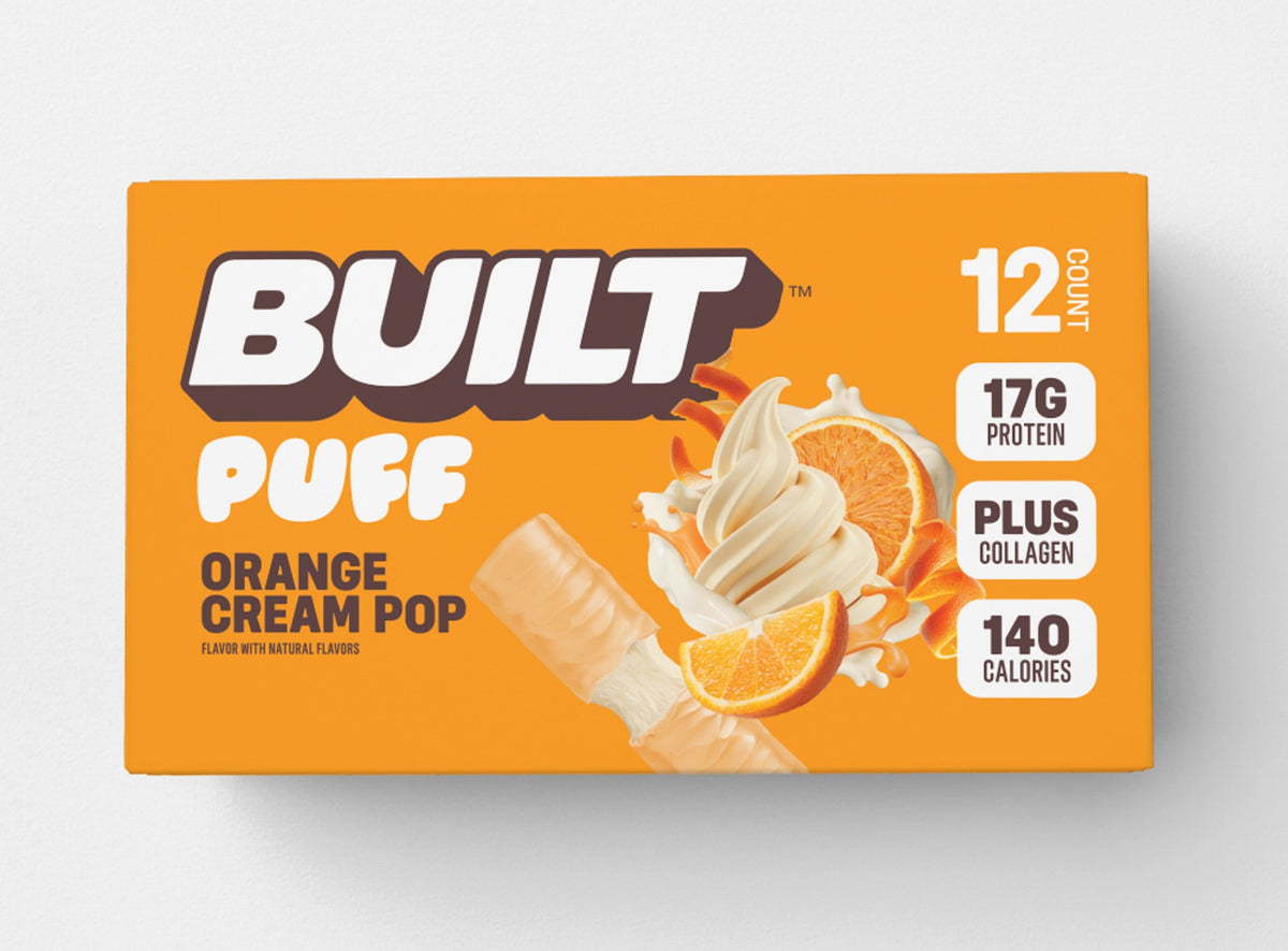 Front package of Built Bar Protein Puffs, Orange Cream Pop / 12 Bars