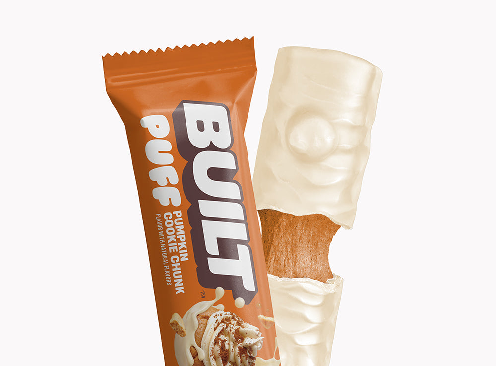 Front package of Built Bar Protein Puffs, Pumpkin Cookie Chunk (Seasonal) / One Bar