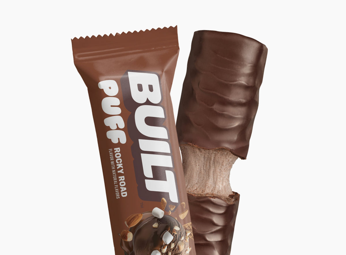 Front package of Built Bar Protein Puffs, Rocky Road / One Bar