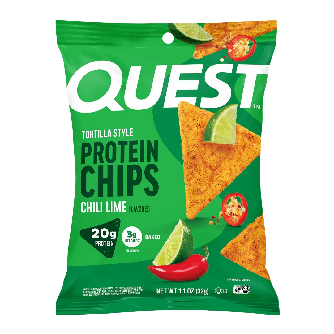Front package of Quest Nutrition Tortilla Style Protein Chips, Chili Lime / Single Bag