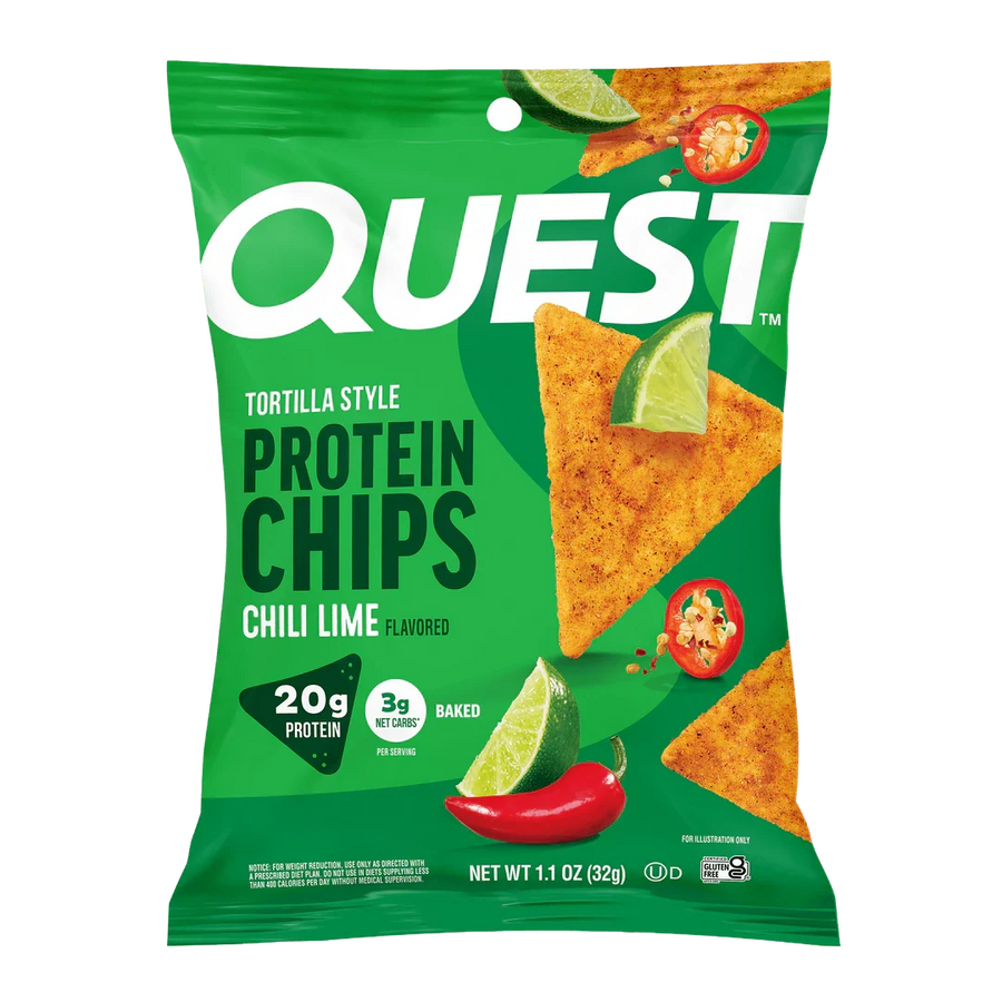 Front package of Quest Nutrition Tortilla Style Protein Chips, Chili Lime / Single Bag