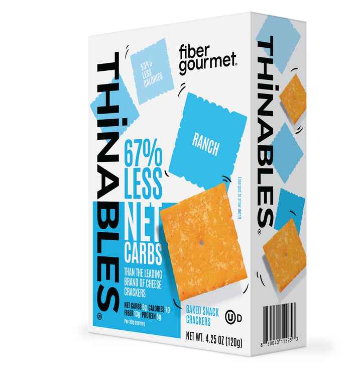 Front package of Fiber Gourmet Thinables Baked Snack Crackers, 4.25 oz, Ranch