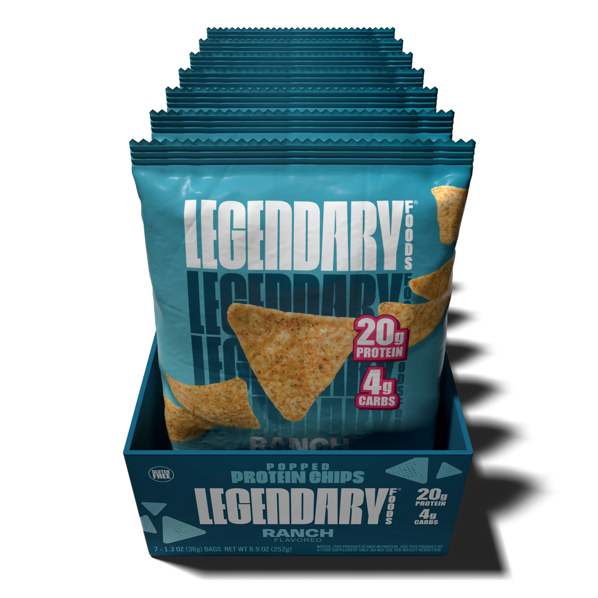 Front package of Legendary Foods Popped Protein Chips, Ranch / 7-Pack