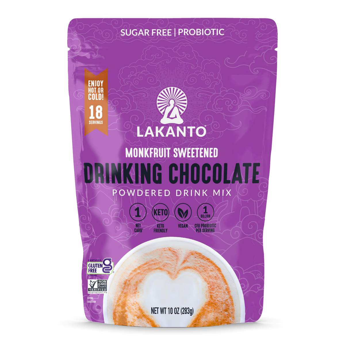 A purple package of Lakanto Monkfruit Sweetened Drinking Chocolate powder features the product name prominently, highlighting it's sugar-free, keto-friendly, and vegan, with 18 servings per bag.