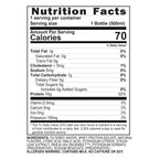 A nutrition facts label for a 500ml bottle, detailing calories, fats, carbohydrates, protein, and ingredients, emphasizing low calories and high protein content.