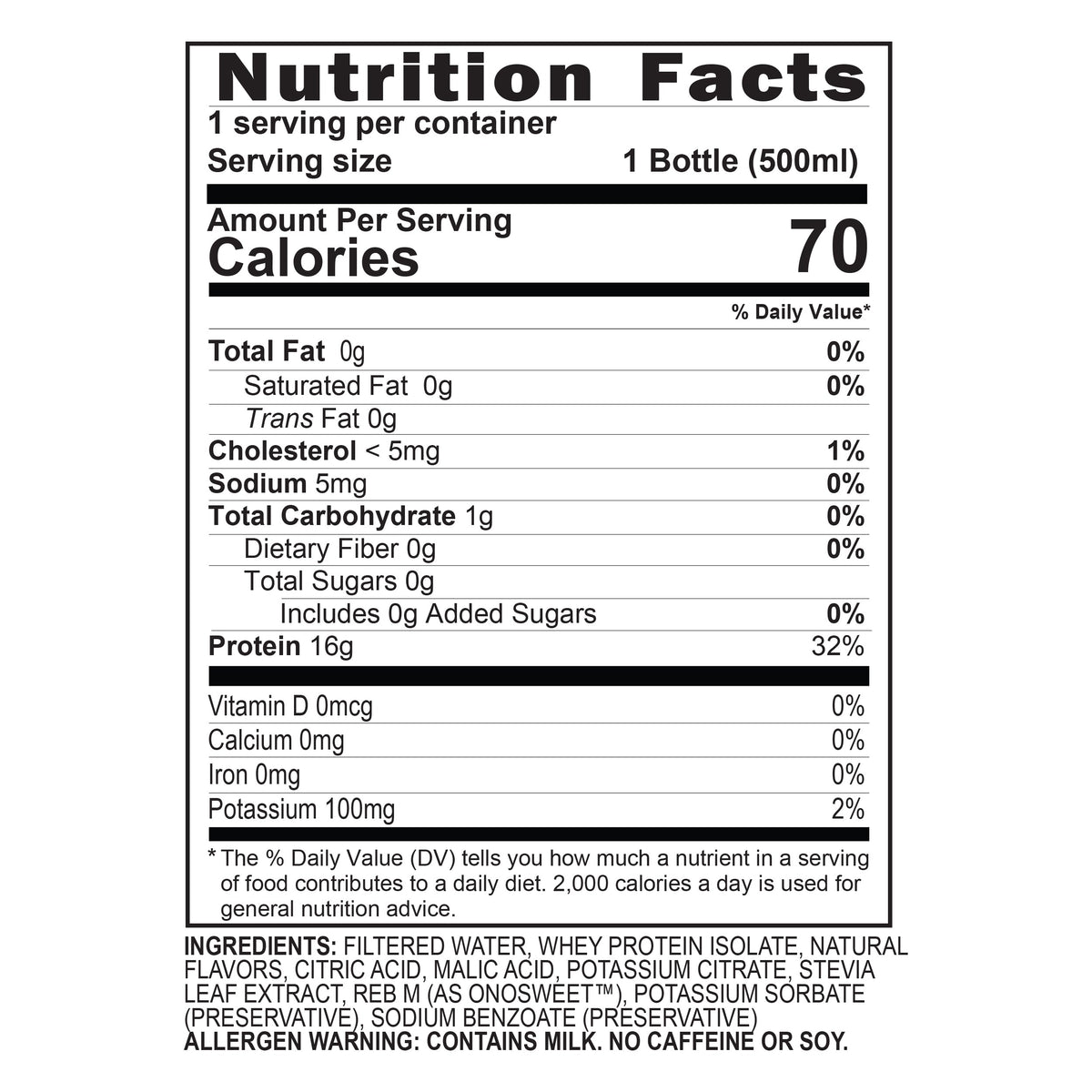A nutrition facts label for a 500ml bottle, detailing calories, fats, carbohydrates, protein, and ingredients, emphasizing low calories and high protein content.