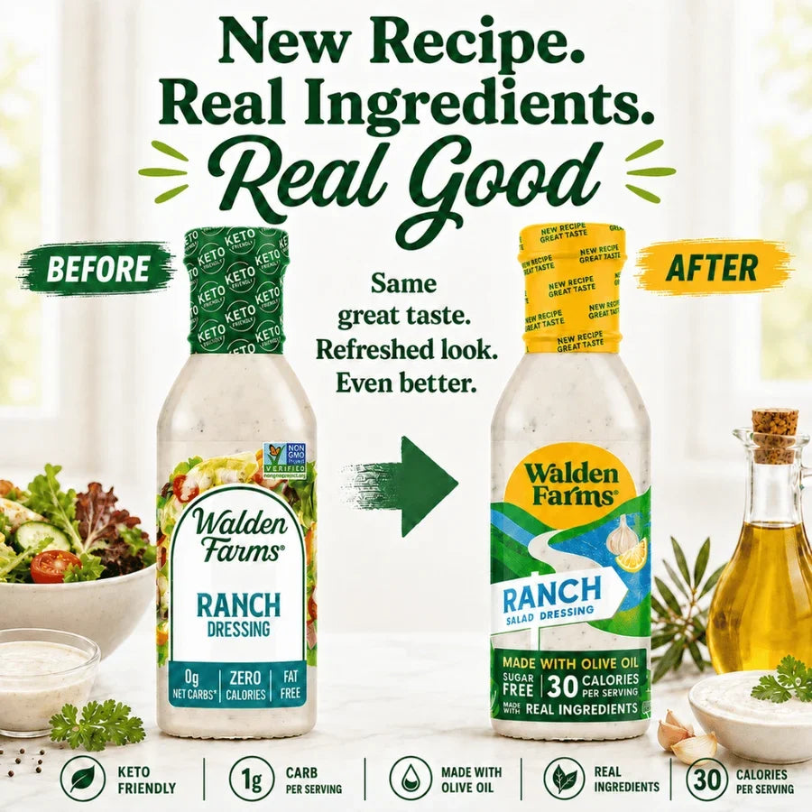 Walden Farms Dressing, Ranch flavor - new recipe, before and after.