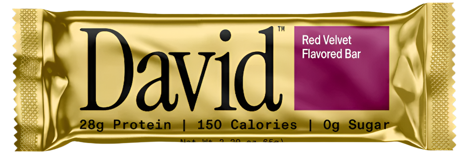 Front package of David Protein Bars, Red Velvet / One Bar