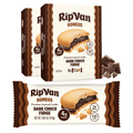 Two boxes of RipVan Romeo cookies labeled "Dark Choco Fudge" are displayed, with one cookie partially broken to show its layered filling, alongside pieces of dark chocolate.