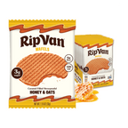 A pack of RipVan honey and oats wafel, featuring a caramel-filled stroopwafel with a bite taken out, alongside a box containing multiple wafel servings and honeycomb, highlighting its low sugar and fiber content.
