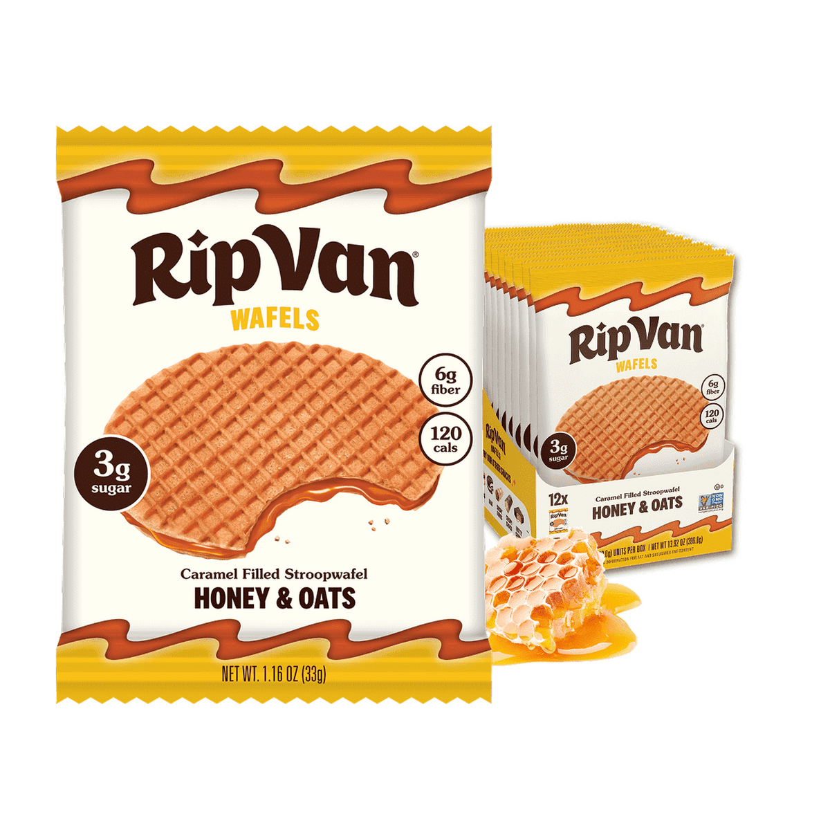 A pack of RipVan honey and oats wafel, featuring a caramel-filled stroopwafel with a bite taken out, alongside a box containing multiple wafel servings and honeycomb, highlighting its low sugar and fiber content.