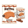 A package of RipVan Snickerdoodle Wafels features a caramel-filled stroopwafel with a bite taken out, alongside a box containing multiple wafels and cinnamon sticks.