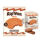 A package of RipVan Snickerdoodle Wafels features a caramel-filled stroopwafel with a bite taken out, alongside a box containing multiple wafels and cinnamon sticks.